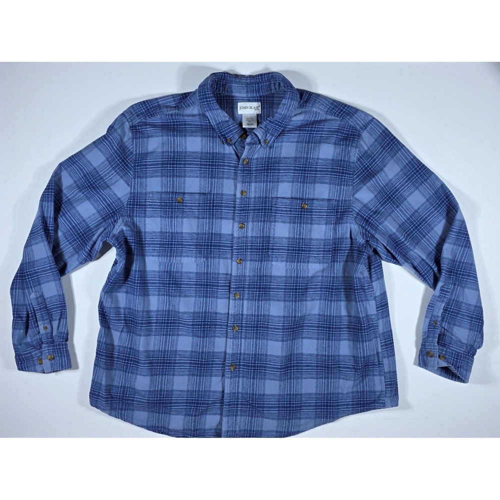 John Blair Men's 3XL RG Blue Plaid Flannel Button Down Shirt Long Sleeve Cotton